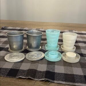 Vintage Collapsible Travel Cup group two aluminum two celluloid plastic 4 cups